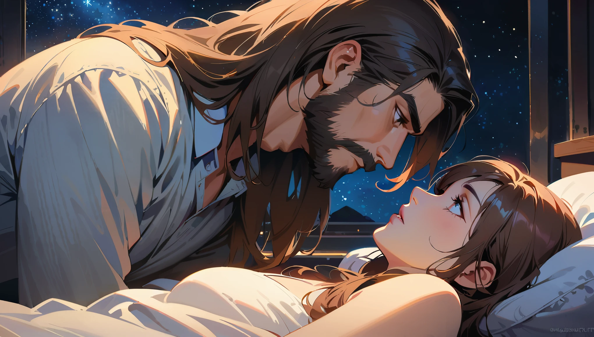 masterpiece,best quality, 4k, 1man, 1woman, animification, beard, bed, brown hair, eye contact, facial hair, long hair, looking at another, lying, mustache, night, night sky, pillow, sky, star \(sky\), starry sky, tattoo, elegant, highly detailed, extremely detailed, digital painting, artstation