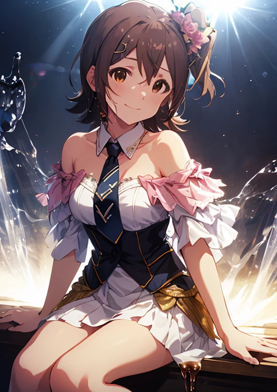 Mirai Kasuga, (Highest quality, 8k, masterpiece, Very detailed:1.2), (Lens flare, Particles of light, Shine), Big Breasts, smile, Open your mouth, masterpiece, Highest quality, Very detailed, High resolution, Very detailedCG, Official Art, Idol Costumes, White Skirt, Off the shoulder, ((BTBS)), ((nsfw:1.2)), sex, Dynamic Angle, Perfect body,sexy, ((missionary, 1boy, penis, lying, vaginal, pov, spread legs, sex))