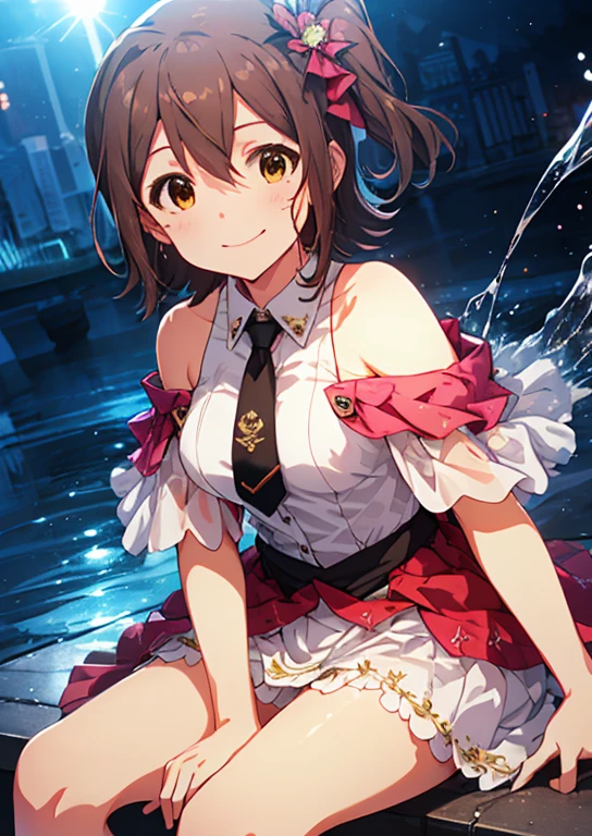 Mirai Kasuga (million live), (highest quality, 8K, masterpiece, Super detailed:1.2), (Lens flare, particles of light, shine), big breasts, smile, open your mouth, masterpiece, highest quality, Super detailed, High resolution, Very detailed CG, official art, idol costume, pink tie,white skirt, off shoulder, ((nfsw)), dynamic angle, perfect body,sexy, panty shot, (((Liquid dripping from the crotch))),(((put your hand inside your pants))), (( Masturbate by touching your vagina with your fingers)), boy legs、(Upskirt sitting with legs wide open:1.2)、Don't cover your lower body、camel toe