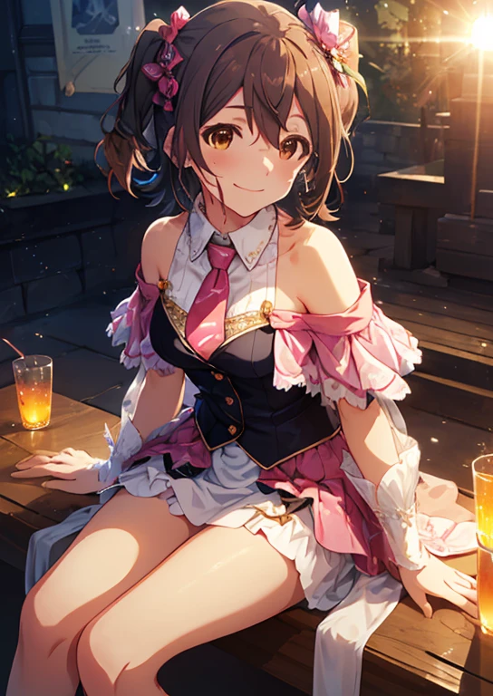 Mirai Kasuga (million live), (highest quality, 8K, masterpiece, Super detailed:1.2), (Lens flare, particles of light, shine), big breasts, smile, open your mouth, masterpiece, highest quality, Super detailed, High resolution, Very detailed CG, official art, idol costume, pink tie,white skirt, off shoulder, ((nfsw)), dynamic angle, perfect body,sexy, panty shot, (((Liquid dripping from the crotch))),(((put your hand inside your pants))), (( Masturbate by touching your vagina with your fingers)), boy legs、(Upskirt sitting with legs wide open:1.2)、Don&#39;t cover your lower body、camel toe