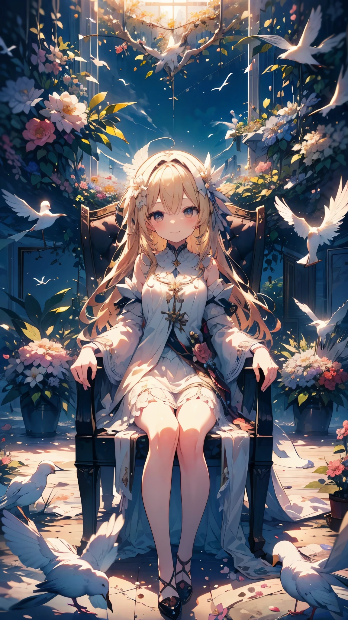 beautiful eden,cute 1girl,yo,angel,kawaii,blond long hair,hair Accessory,smile,spread arms,flower garden,sitting gorgeous chair,((white bird)),lightning,cinematic,dynamic angle,masterpiece,best quality,high quality,detailed,high resolution,8k,wallpaper,beautiful fingers,beautiful hands,fingertip,flower wings,feater