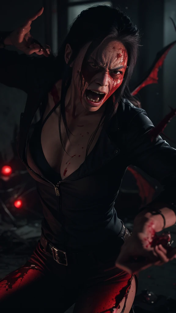 fear艺术, best quality, masterpiece, ultra high resolution, (photorealism: 1.4), Angry Succubus in the Hospital,Blood，Runs dynamically,fear, 80mm, scary lights, action