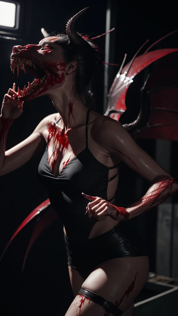 fear艺术, best quality, masterpiece, ultra high resolution, (photorealism: 1.4), Angry Succubus in the Hospital,Blood，Runs dynamically,fear, 80mm, scary lights, action