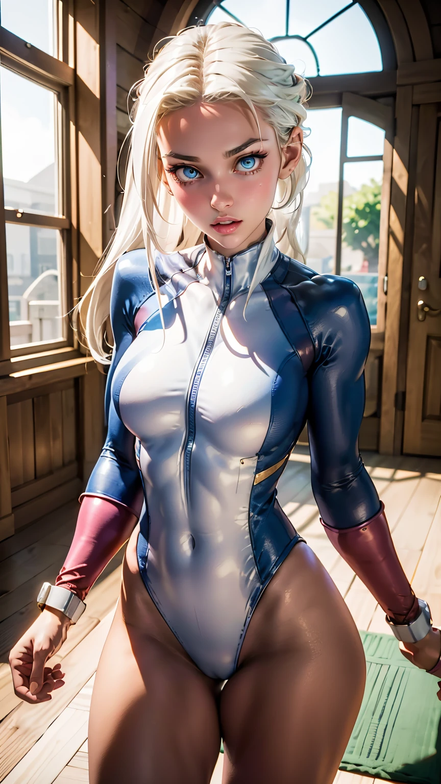 The image depicts a sunnyrayyxo:1 with a striking appearance. She has long, white hair that cascades down her shoulders, and her eyes are a captivating shade of blue. Her skin is fair, and she has a small, delicate nose.She is wearing a (taut_cammy_white_bodysuit) that is form-fitting and accentuates her stunning sexy curvy_athletic physique. The bodysuit has a high neckline huge breasts and is adorned with a pink and black design on the chest area. The suit also features a zipper that runs down the front, adding a touch of edginess to her outfit.
The character is standing in a room with wooden floors and a window in the background. The window allows natural light to enter the room, illuminating the character and creating a warm and inviting atmosphere.
The character's pose and expression suggest that she is confident and assertive. Her gaze is directed towards the viewer, creating a sense of connection and engagement. The overall composition of the image is visually appealing and showcases the character's unique and captivating features.