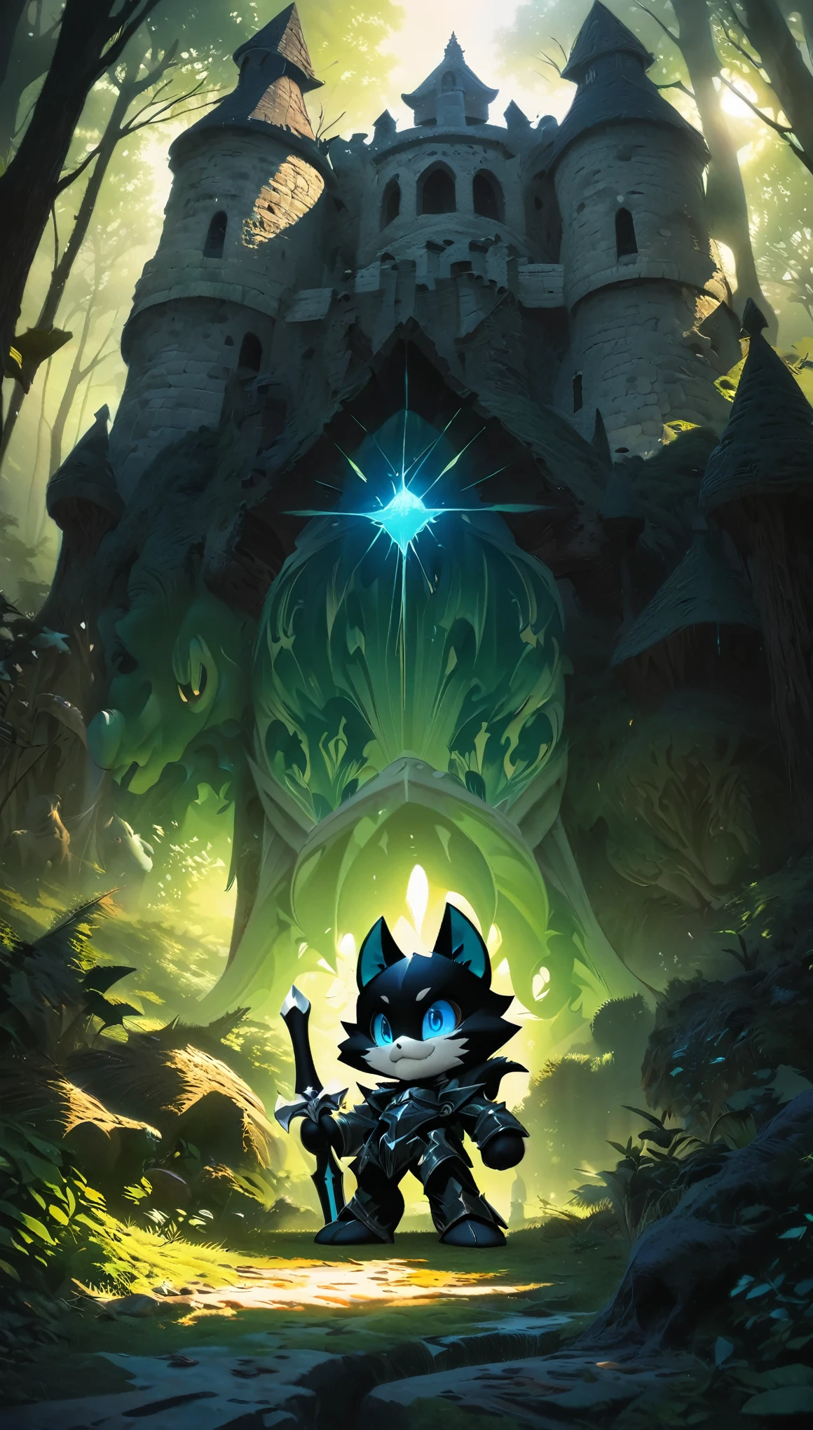 super deformed, furry, funny, personified, beast, best quality, super fine, 16k, incredibly absurdres, extremely detailed, cool black cat knight holds up his sword in front of a castle, in the forest, fantasy world image, fantastic and mysterious, sunlight shining through, blend art, mixture art, design art