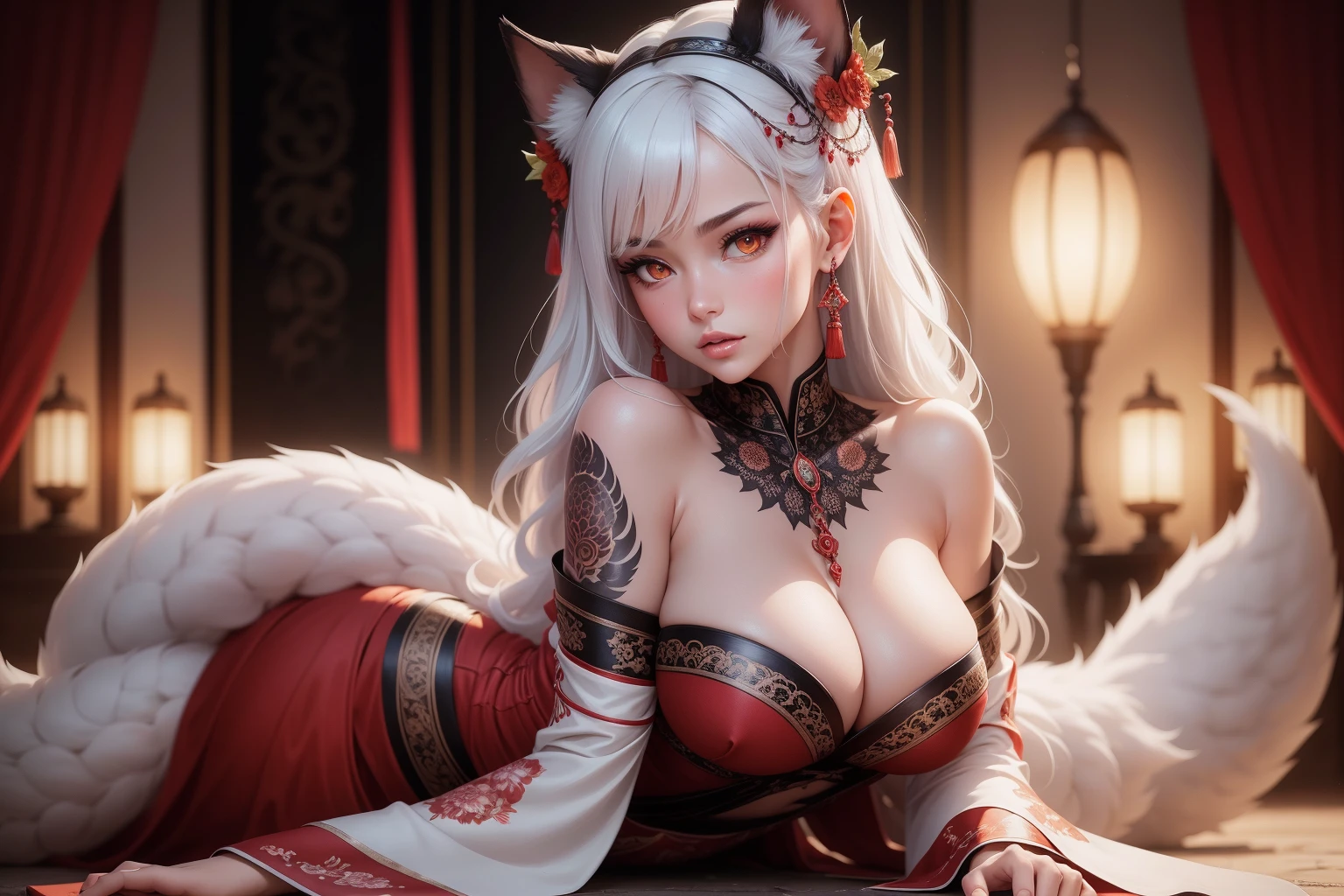 REALISTIC VISION 1.4, BETTER VAE,sharp focus, ultra detail, 32k,realistic photo, intricate details, kitsune, intricate details ,woman, nine tails,intricate details,intricate details,big , Voluptuous body, intricate details, Miko,clothes long white dress with red details intricate details,tattoos intricate details,full body, orange eyes, white hair, lying on the ground, on the side, backwards, looking back