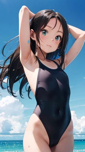 highest quality、realistic、Japanese、girl、cowboy shot、look up、cute、Green eyes、long hair、black hair、all back、Forehead is coming out、Ocean、swimsuit、joy、sunburn、Midsummer、Sweat、slender、small breasts、stretch、raise your arms、armpit hair