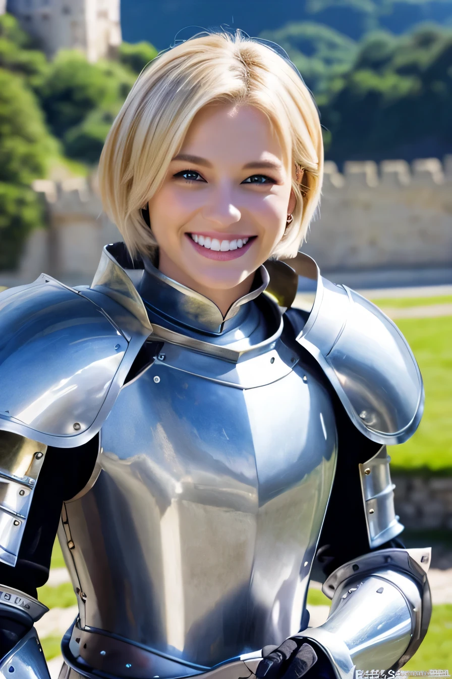 Ｋ、highest quality、female knight、The background is a castle、Luxurious Silver Armor、heavy equipment、hairstyle short cut、smile、beautiful teeth、full body photo、ear piercing、white woman、blonde、blue eyes、Gummy Smile、hair band、