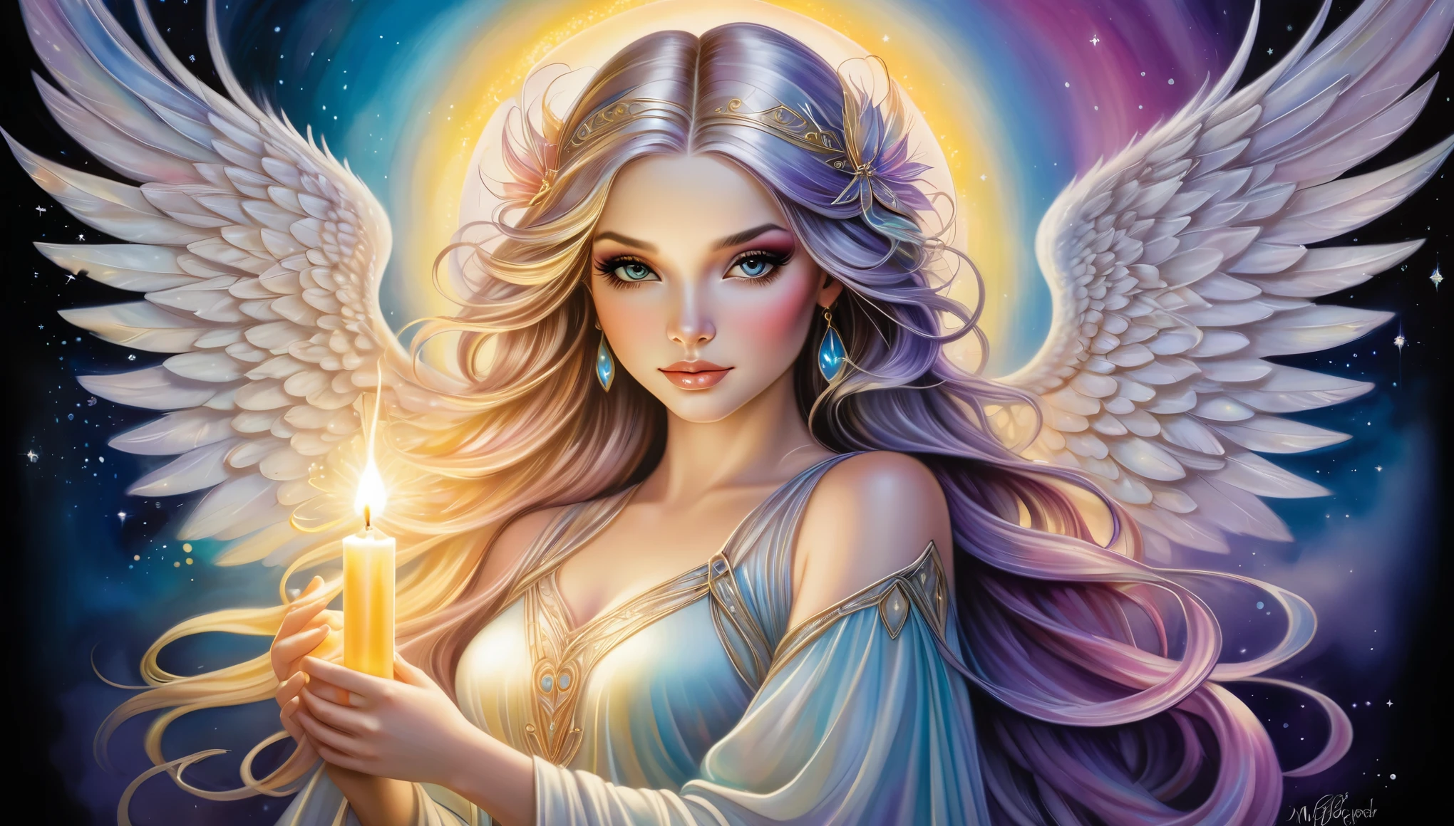 An awe-inspiring watercolor and ink masterpiece inspiring by Jasmine Becket-Griffith and Anne Stokes featuring an enchanting, ethereal, charming woman emanating celestial energy and holding a glowing candle in her hands, and sports angel wings. Extraordinarily well detailed, serene and caring face full of compassion. The artwork is alive with pastel hues, rainbow colors, and a double exposure effect, creating a mesmerizing interplay of light and shadow. Golden light emanate from the central radiant light, casting a soft glow and a mysterious aura around the subject. Drawing inspiration from the styles of Mab Graves and Artgerm, this piece showcases delicate brushstrokes, vivid light effects, and an intricate interplay of dark fantasy elements. The HDR 8K, SSAO, and high-definition rendering enhance the vibrant colors and intricate details, making this illustration truly out of this world, fashionable, and immersive. Golden ratio in the proportions.