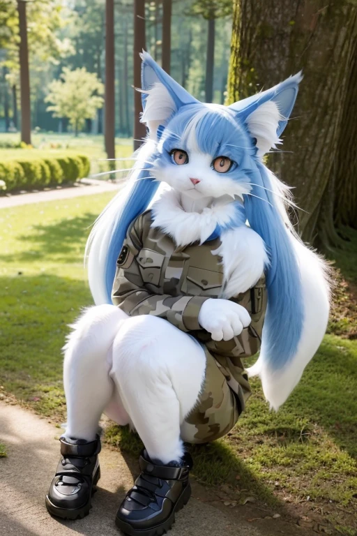 1boy, long hair, ahoge, bangs, heterochromia, animal ear fluff, animal ears, animal nose, two-tone fur, whiskers, white fur, body fur, cat boy, cat tail, glossy shiny fursuit, claws, smile, furry male, camouflage jacket, full body, blush, claw pose