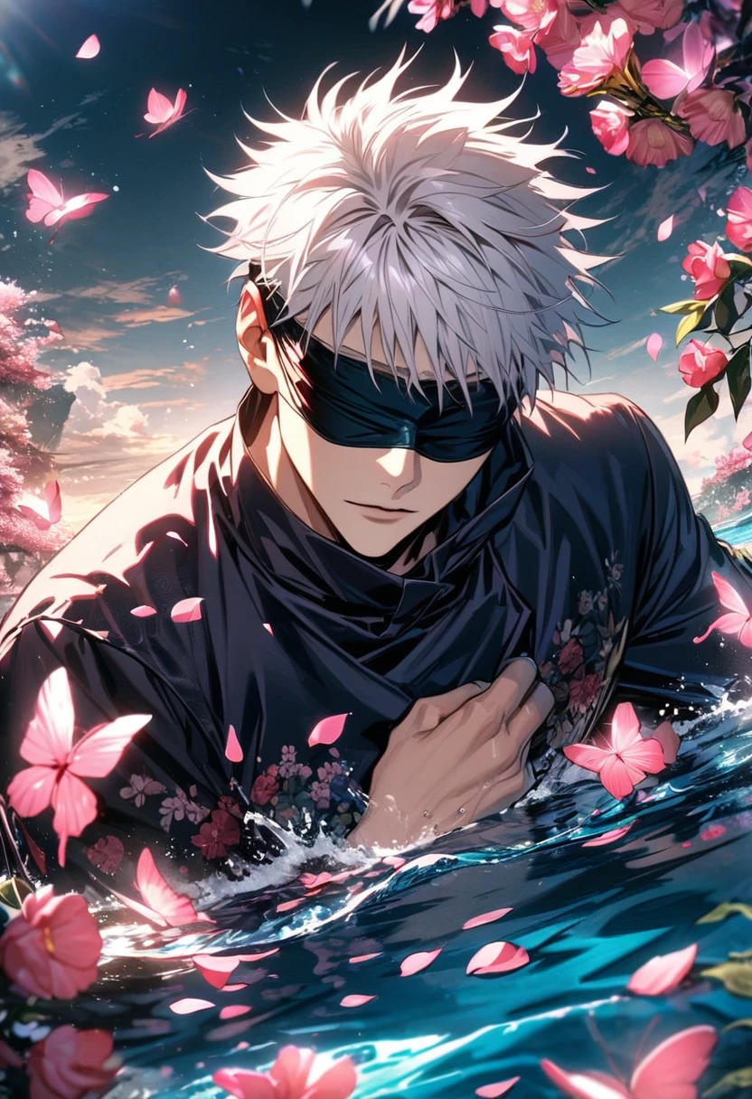 Ultra detailed, Highres, absurdres, HDR, Gojou Satoru, white hair with bangs, blindfolded eyes, Jujutsu Kaisen, flowers and pink petals, pink butterflies, water, extremely handsome, 1 man only,