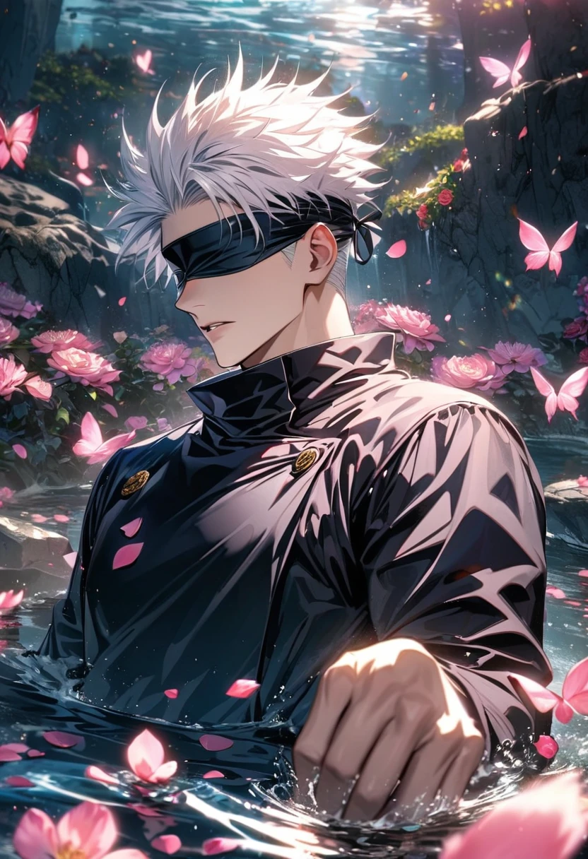 Ultra detailed, Highres, absurdres, HDR, Gojou Satoru, white hair with bangs, blindfolded eyes, Jujutsu Kaisen, flowers and pink petals, pink butterflies, water, extremely handsome, 1 man only,