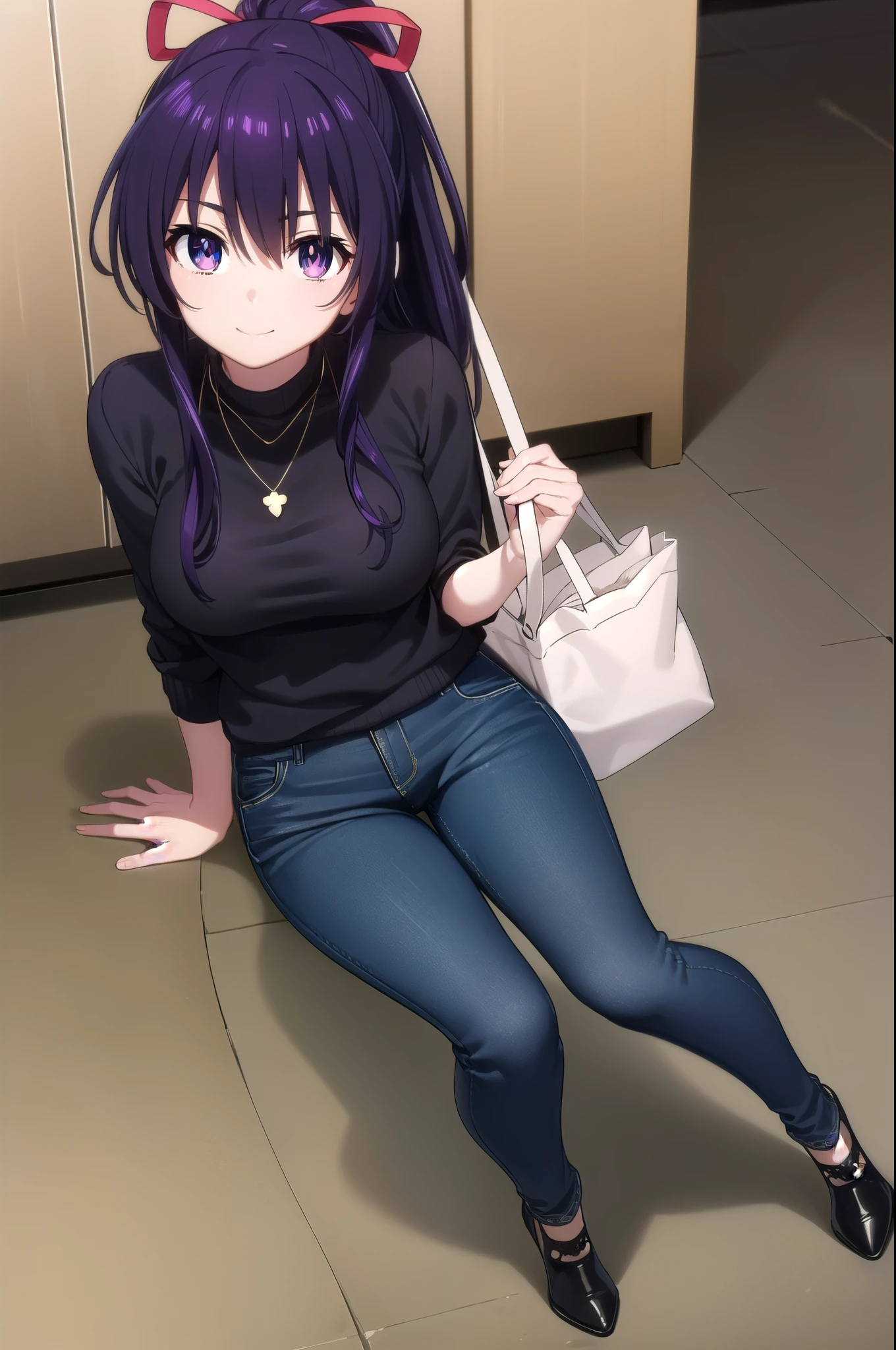 tohkayatogami, tohka yatogami casual, long hair, purple hair, alluringly smile , cream colour sweater,knit sweater ,tight sweater, horizontal line on sweater, turtle neck, ,necklace, ribbon , denim trousers, purse (purple eyes:1.1), hair ribbon, ponytail, purple hair, white ribbon, g cup breasts, bewitched thighs, slender waist, plump butt , high heels
BREAK ,
BREAK indoors, office, alone,
BREAK looking at viewer, elegant poses, sitting on desk, hand on thighs,full body view, head to toe view,
BREAK (masterpiece:1.2), best quality, high resolution, unity 8k wallpaper, (illustration:0.8), (beautiful detailed eyes:1.6), extremely detailed face, perfect lighting, extremely detailed CG, (perfect hands, perfect anatomy),