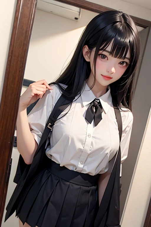 1 beautiful girl, Korean high school student, black hair, long silky hair, black eyes, thin lips, round face, big bust covered by a Korean school suit, tie tied around her neck, high school skirt, standing in the changing room, inside a room with empty closets, captivating eyes, affectionate smile, alone in the changing room, detailed art, morning setting