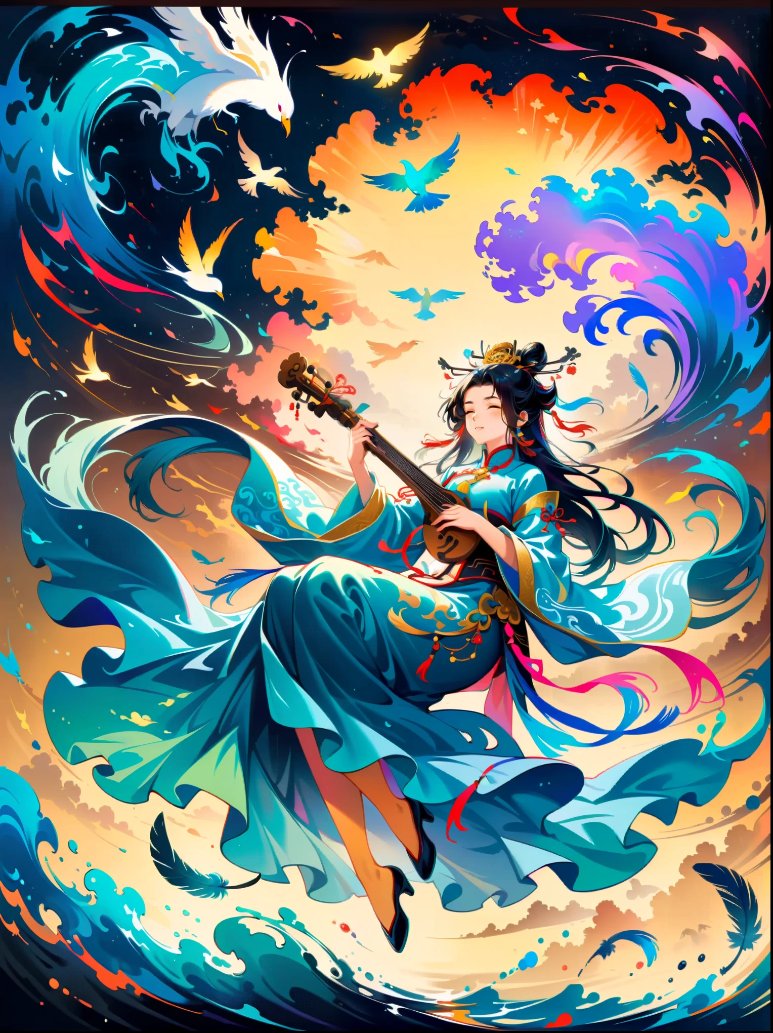 Chinese style, dark golden background, colorful clouds surrounding the sky and beautiful sea goddess of China holding an ancient Chinese musical instrument in her hand, surrounded by flying birds with long tail feathers and colorful ribbons flowing behind them. Exquisite details, bright colors, high definition, full body portrait in the style of oil painting. The background is a blue water surface with golden moonlight shining on it. High angle perspective, full body perspective, beautiful movements in the style of Chinese art
