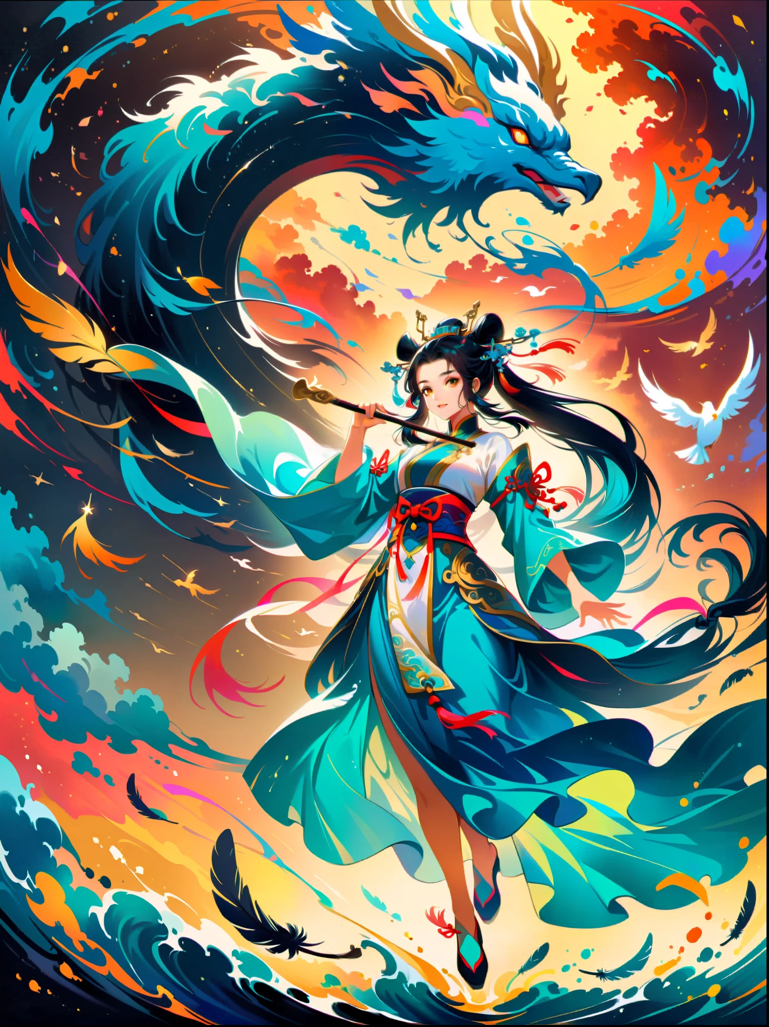 Chinese style, dark golden background, colorful clouds surrounding the sky and beautiful sea goddess of China holding an ancient Chinese musical instrument in her hand, surrounded by flying birds with long tail feathers and colorful ribbons flowing behind them. Exquisite details, bright colors, high definition, full body portrait in the style of oil painting. The background is a blue water surface with golden moonlight shining on it. High angle perspective, full body perspective, beautiful movements in the style of Chinese art
