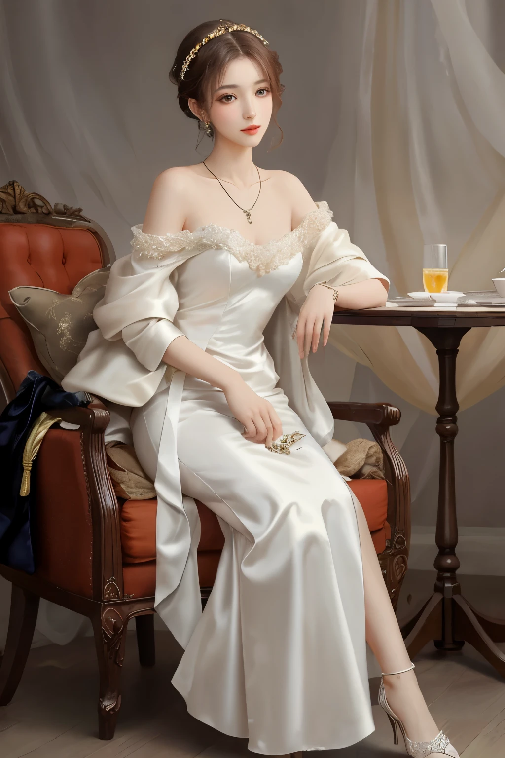 Korean beauty sitting on a chair wearing a necklace, Giovanni Boldini(Giovanni Boldini), Elegant lady, wearing silk clothes, perfect hands,