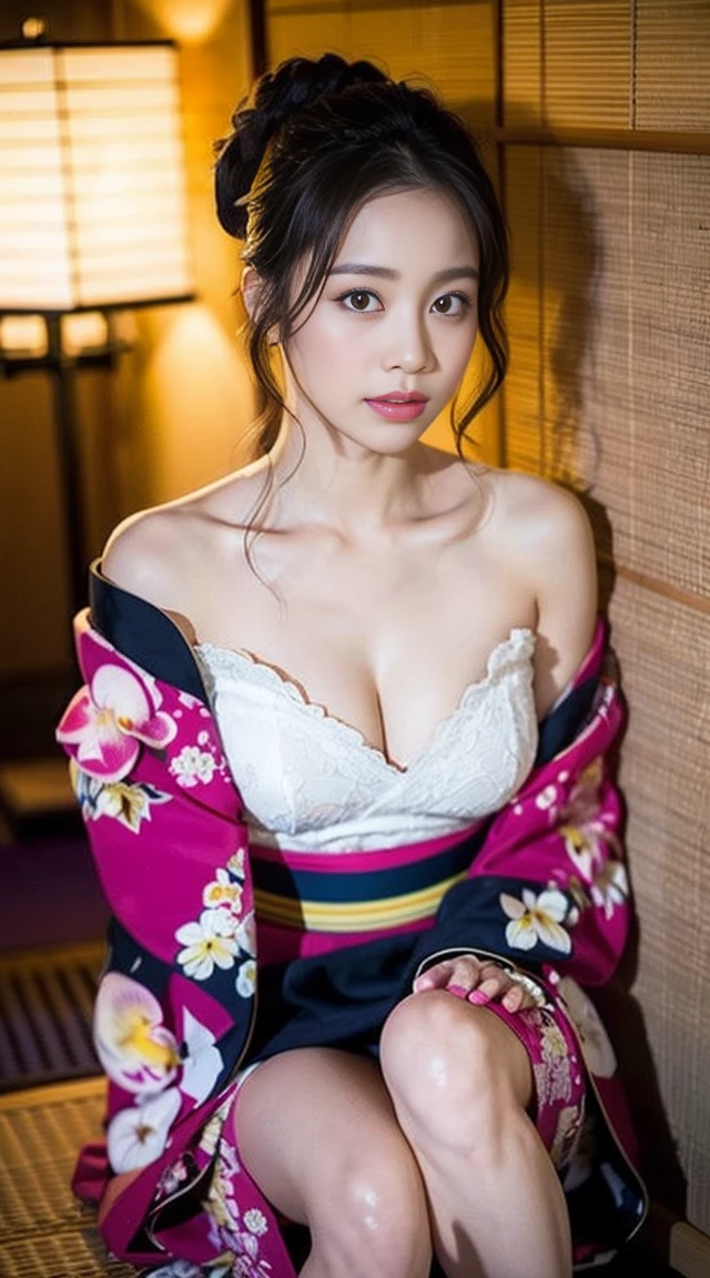 dark brown hair、light brown eyes、Japanese actress face、 lady、I&#39;Iは彼とIが好きです&#39;I&#39;Iは40歳くらいです.、(intricate details:1.2)、(which one is the top?:1.4)、 (ultra high resolution:1.2)、ultra high resolution、(finely tuned)、(detailed facial features)、nffsw、8K resolution、D cup size breasts、long hair、up hairstyle, up hair、bun hair、1 girl, A look of deep sadness, (Highly detailed beautiful face), (Orchid style beautiful and cute floral kimono:1.5), (One bare shoulder:1.3), (highest quality:1.4), (Super detailed)、beautiful fair skin,  sitting, open your mouth a little、Legs visible through kimono、弱さPause、obscene Pause、japanese kimono、kimono、put your hands on the floor、barefoot、Crescent moon shining in the night sky in the background、Holding a red rose in your hand、Draw a silhouette、leaning against the wall、please bend your legs、black pink　jenny&#39;Pause、leaning against the wall、Sit with your legs to the side、full body、