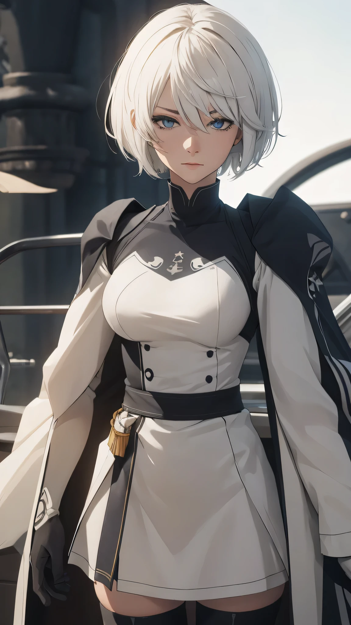 extremely detailed CG unity 8k wallpaper), (masterpiece), (best quality), (ultra-detailed), (best illustration), (best shadow), (absurdres) ,(detailed eyes), 2b, 1girl, short hair, white hair, solo, Intimidating women, admiral uniform, night, hero pose, white clothes, General Uniform, Military Uniform, Sunlight, exposed to sunlight,commander, fighting pose, wearing cape, looking at viewer
