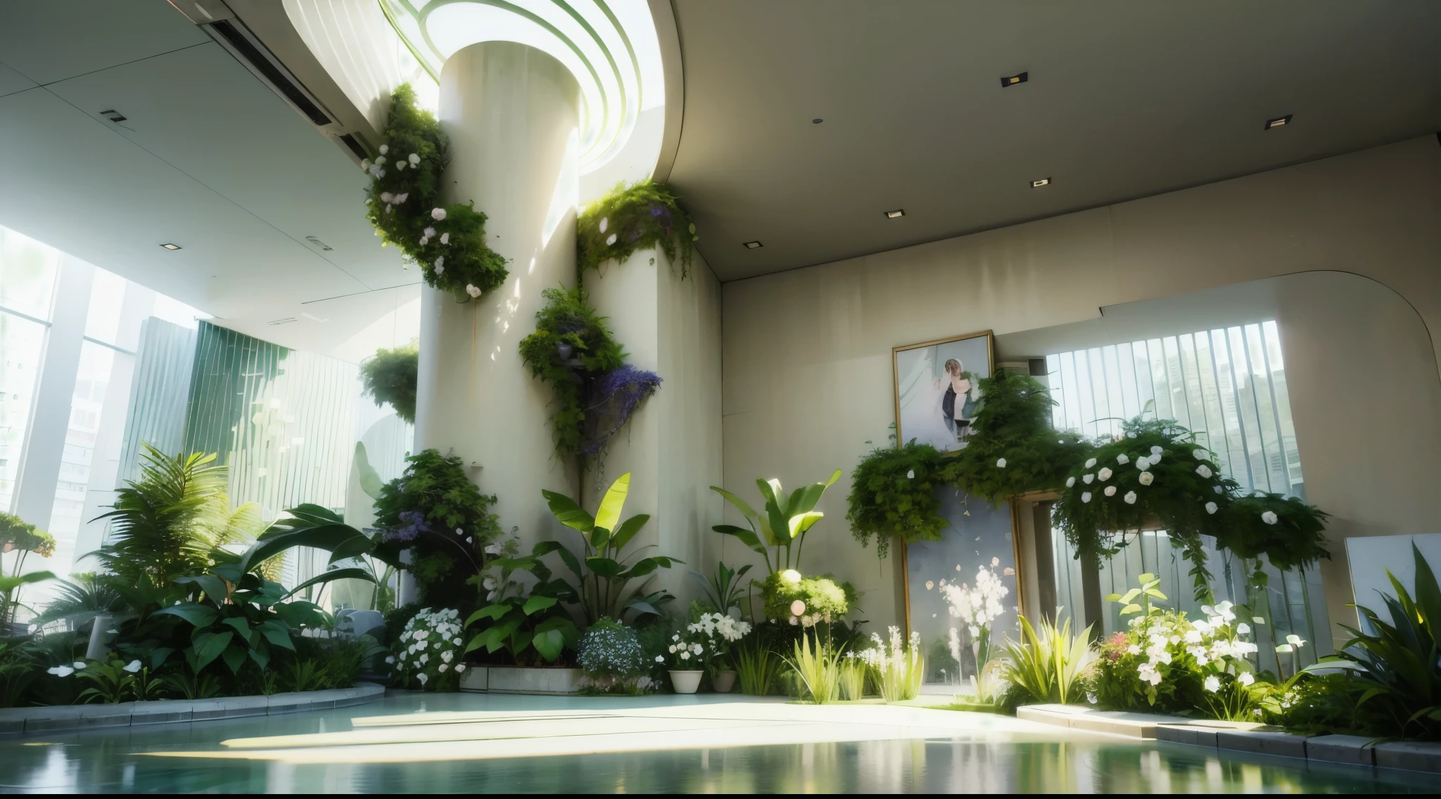 3D rendering, floral installation, event in the lobby of Kengo Kuma's office, green plants and white, inside tall glass cubicles, grass, marble floor with a giant pastel yellow rose, colorful, vines, watercolor,Planting White Roses, Pillar, wedding, HD quality, high detail, Very detailed, beautiful, architectural shots, Surrealism, Unreal Engine 5