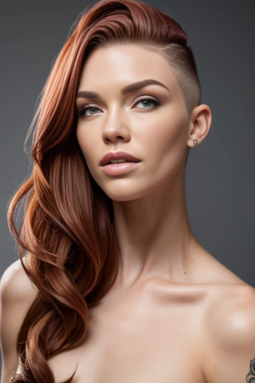 Ruby rose, portrait, red long hair, (((shavedsides fade undercut))),
Full body nude, no censored adult content,