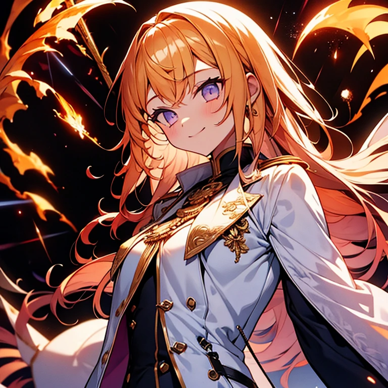 1 girl.white uniform,white Jacket,Jacket,cane,woman,Has a weapon,Flames flutter,golden hair,purple eyes,smile
