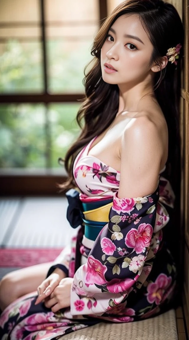 dark brown hair、light brown eyes、Japanese actress face、 lady、I'Iは彼とIが好きです'I'Iは40歳くらいです.、(intricate details:1.2)、(which one is the top?:1.4)、 (ultra high resolution:1.2)、ultra high resolution、(finely tuned)、(detailed facial features)、nffsw、8K resolution、D cup size breasts、long hair、up hairstyle, up hair、bun hair、1 girl, A look of deep sadness, (Highly detailed beautiful face), (Orchid style beautiful and cute floral kimono:1.5), (One bare shoulder:1.3), (highest quality:1.4), (Super detailed)、beautiful fair skin, sitting, open your mouth a little、Legs visible through kimono、弱さPause、obscene Pause、japanese kimono、kimono、put your hands on the floor、barefoot、Crescent moon shining in the night sky in the background、Holding a red rose in your hand、Draw a silhouette、leaning against the wall、please bend your legs、black pink jenny'Pause、leaning against the wall、Sit with your legs to the side、