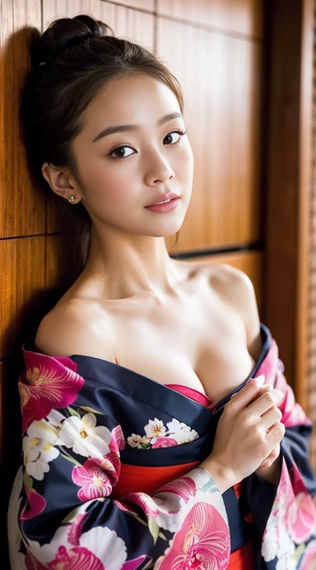 dark brown hair、light brown eyes、Japanese actress face、 lady、I'Iは彼とIが好きです'I'Iは40歳くらいです.、(intricate details:1.2)、(which one is the top?:1.4)、 (ultra high resolution:1.2)、ultra high resolution、(finely tuned)、(detailed facial features)、nffsw、8K resolution、D cup size breasts、long hair、up hairstyle, up hair、bun hair、1 girl, A look of deep sadness, (Highly detailed beautiful face), (Orchid style beautiful and cute floral kimono:1.5), (One bare shoulder:1.3), (highest quality:1.4), (Super detailed)、beautiful fair skin, sitting, open your mouth a little、Legs visible through kimono、弱さPause、obscene Pause、japanese kimono、kimono、put your hands on the floor、barefoot、Crescent moon shining in the night sky in the background、Holding a red rose in your hand、Draw a silhouette、leaning against the wall、please bend your legs、black pink jenny'Pause、leaning against the wall、Sit with your legs to the side、
