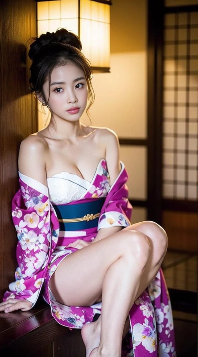 The highest image quality, ​masterpiece, 超A high resolution, (fidelity:1.4), a picture, 1 Women, Colorful and flashy things, 、Beautie、de pele branca、The dim, movie,, (Skinny kimono:1.5),(Chest and legs overflowing from kimono、(Thighs visible through a disheveled kimono)、(Open legs、Visible crotch)、 (Crotch visible from spread legs)、((With pubic hair))、bare shoulders​, Beautiful collarbone、Japanese hair、Seductive gesture sedium bob、dishevled hair、Colossal tits、Rough breath、natta、moonlights、Sit in the tatami room、taken from the under