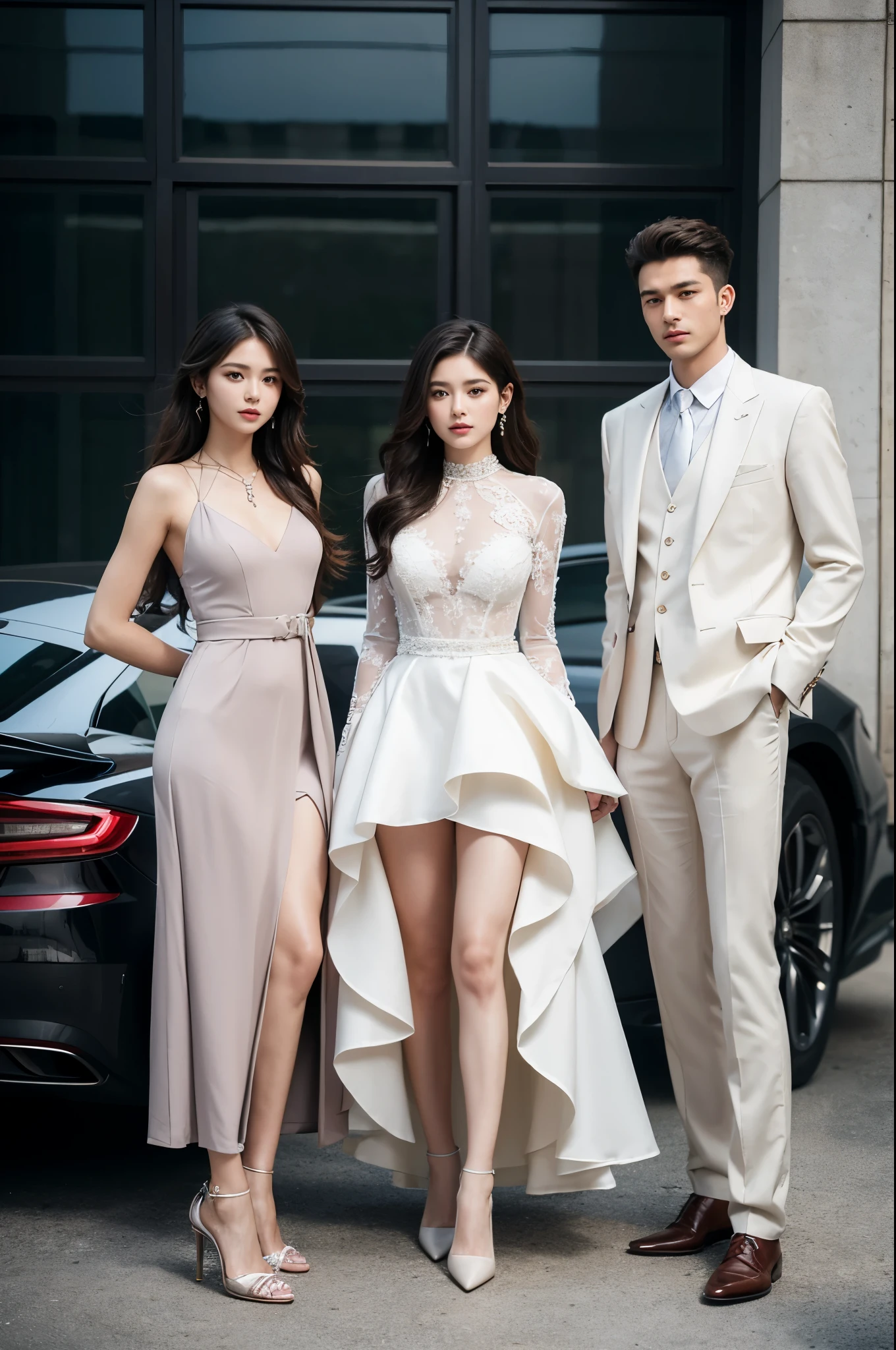 Realistic, 4k, high detailed, high quality, Potrait of one man in a suit and two girls with luxury dress, intimate, close to each other , Luxury, standing in front of the SportsCar