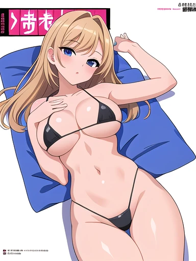 masterpiece, best quality, solo, random pose, sexy pose, seductive pose, ((white background)), hand on own chest, black highleg micro bikini, dutch angle, thong, magazine cover, on back,