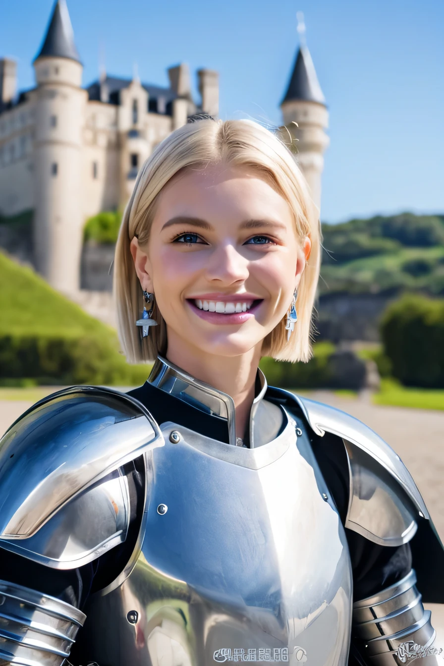 ８Ｋ、highest quality、female knight、The background is a castle、Luxurious Silver Armor、heavy equipment、hairstyle short cut、smile、beautiful teeth、full body photo、ear piercing、white woman、blonde、blue eyes、Gummy Smile、hair band、