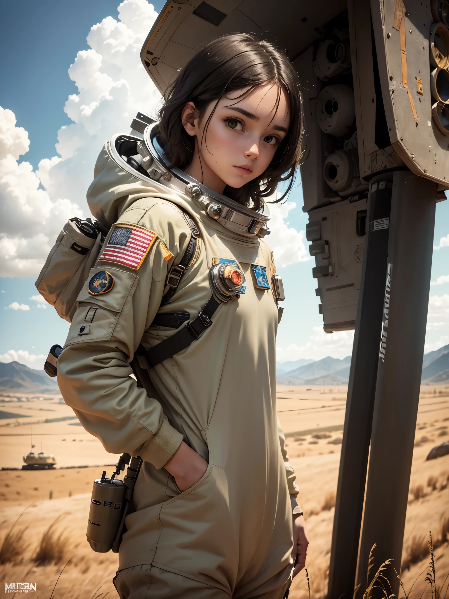 premiado (corpo todo:0.8) (photographic portrait:1.3) of a young female (Science fiction astronaut:1.3) com um (army tank:1.4), (Portal Estelar:1.4), looking at a verdant alien planet, (montanhas:1.2) (grama alta:1.4), pedras, fluffy clouds in the sky, trends on Artstation, altamente detalhado, detalhe fino, intrincado, (reflexo de lente:0.6), (backlight:0.8), (florescer:0.8), profundidade superficial de campo
