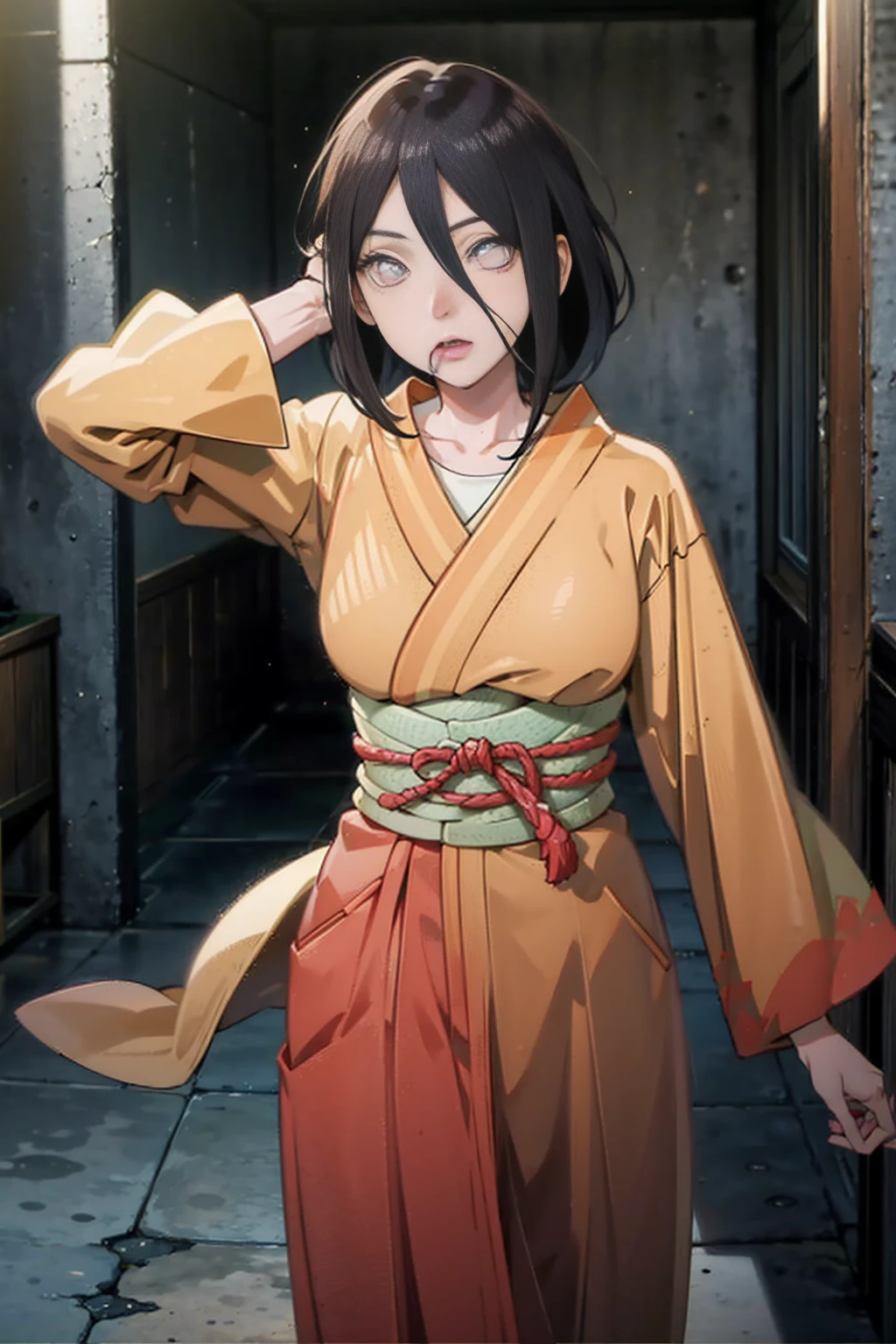 tmasterpiece, hoang lap , (Complicated details), (rich colourful), movie lighting, bust, the Extremely Detailed CG Unity 8K Wallpapers , Hinata flower ratio, 1girll, solo, orange kimono, Red hakama skirt, obi strip, Wide sleeves, looking at viewert, Keep one's mouth shut, ventania, Combat posture, Low hair tied long,dinamic poses
