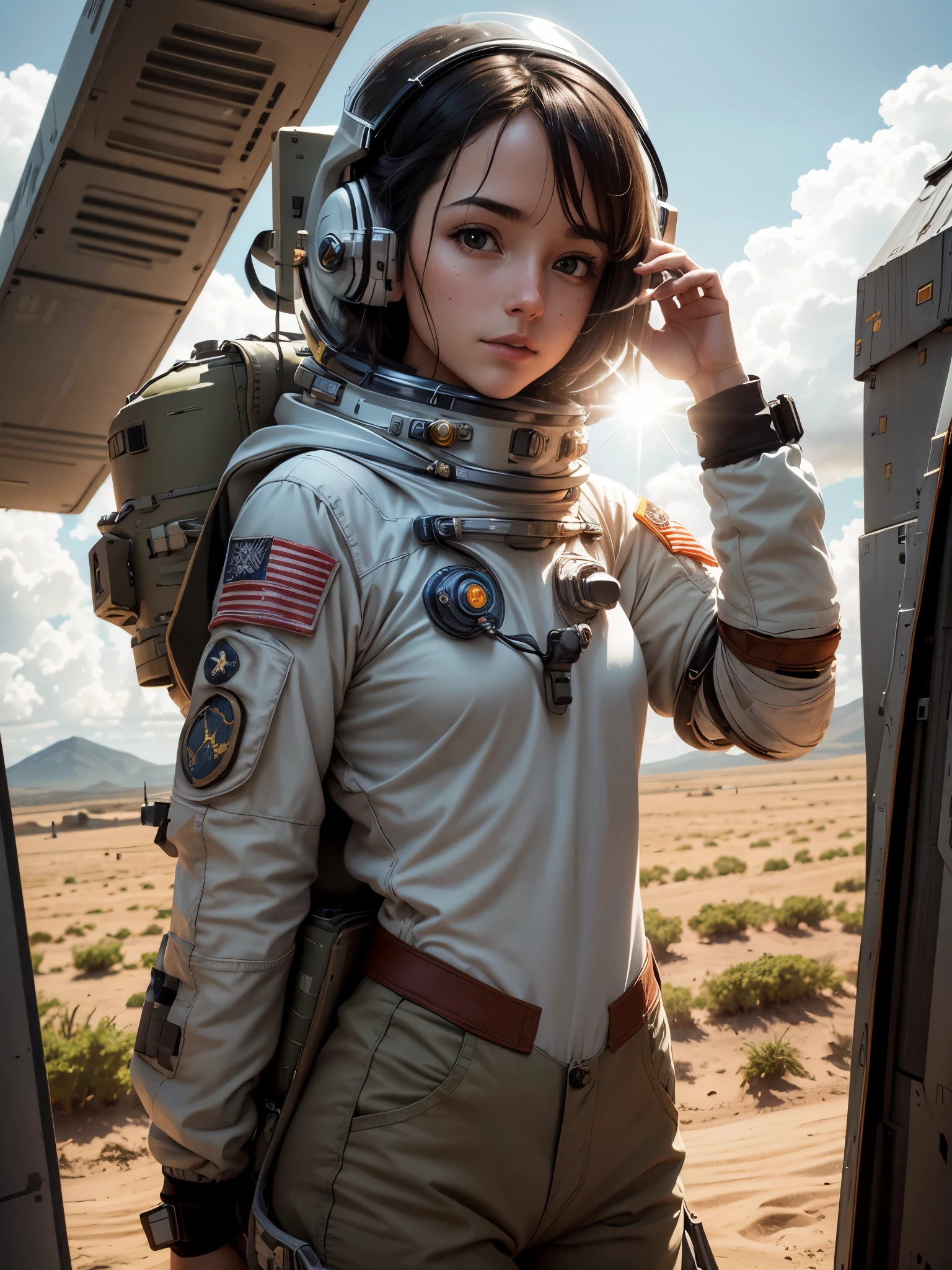 premiado (corpo todo:0.8) (photographic portrait:1.3) of a young female (Science fiction astronaut:1.3) com um (army tank:1.4), (Portal Estelar:1.4), looking at a verdant alien planet, (montanhas:1.2) (grama alta:1.4), pedras, fluffy clouds in the sky, trends on Artstation, altamente detalhado, detalhe fino, intrincado, (reflexo de lente:0.6), (backlight:0.8), (florescer:0.8), profundidade superficial de campo