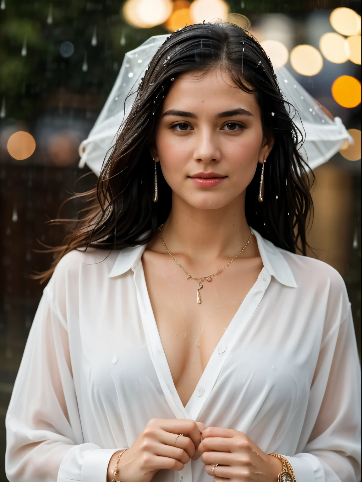 ((best quality)), ((masterpiece)), (detailed), perfect facehighest quality, (Photoreal:1.5, 8K, highest quality:1.3, masterpiece, ultra high resolution), ((Typhoon heavy rain)), Highly detailed skin and facial textures:1.3, perfect dynamic composition:1.2, (In front of the supermarket at night, modern city, expression of sadness:0.7), Tears are flowing:0.7, cry with a broken heart:0.7), Slim office lady wet in the rain:1.2, cowboy shot, Fair skin:1.2, sexy beauty:1.1, perfect style:1.2, beautiful and aesthetic:1.1, very beautiful face:1.2, water droplets on the skin, (rain drips all over my body:1.2, wet body:1.2, wet hair:1.3), (Holding a wet shopping bag:1.2, Wearing wet casual clothes:1.3), (Large chest, Bra see-through, Chest gap), (Big eyes that exude beautiful eroticism:0.8, adult charm:0.8, Bewitching:0.8), necklace, earrings, bracelet, wedding ring, Highly detailed and accurate hand and finger representation