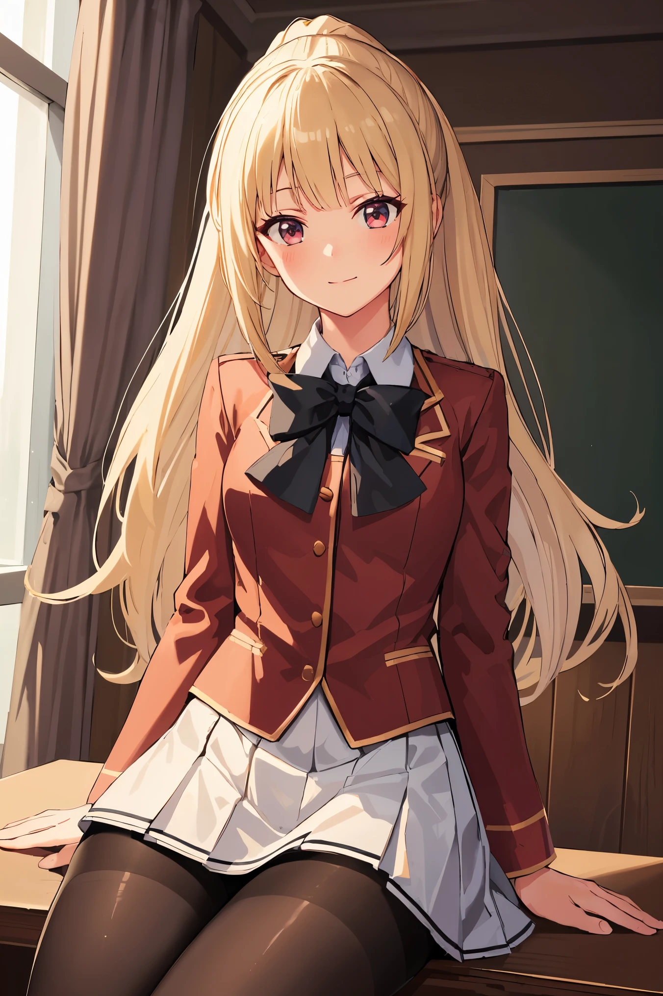 (masterpiece), (best quality), (illustration), (beautiful detailed), (highres), black pantyhose,white skirt,black pantyhose miniskirt, black pantyhose pleated skirt, red jacket, black pantyhose looking at viewer,sitting,(school uniform), white shirt,blush,shy,indoors, window,blonde hair, black pantyhose ponytail,((black pantyhose)) smile