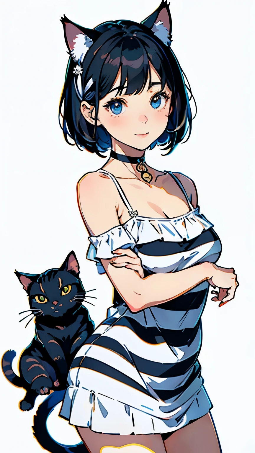 detailed background, masterpiece, best quality, cat tatsuna, Dark blue eyes, black hair, ahoge, bangs, big ,