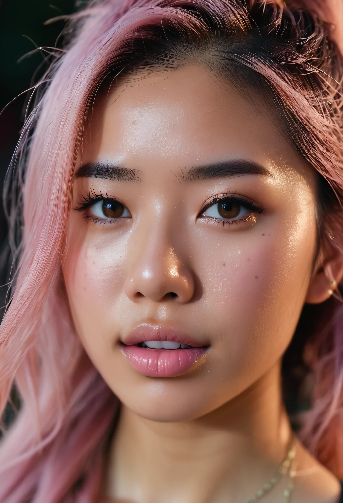 portrait of a malay woman covered in cloud of smoke, whirlwind, pink highlight colors, pink make-up, hints of pastel, misty, seductive, sultry, breathtaking, oil painting style, artistic, aesthetic modern art, shining bright pink backdrop