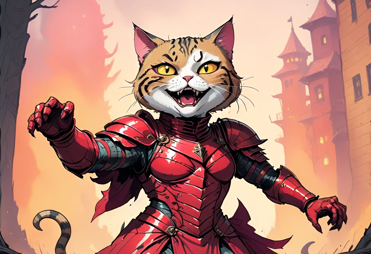 illustrate hyper maximal, intense, strange, a wordless, single image with unhinged, ridiculous, cartoonish, excessive, contorted, skewen hilarity postmeme expression, visually hilarious, cohesive, conveying overwhelming joy, overjoyed, cel animation, distorted contorted proportions of rotoscoped Tabby chonky cat wearing crimson knight armor outfit in expressive John Kricfalusi hand drawn art style, with threatening aura, disgustingly cool, vile boogie dancing, spooky, skewed,