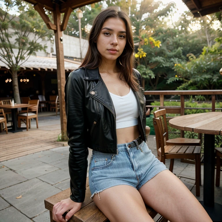 23-year-old hyper-realistic Latin girl with freckles, mood selfie for instagram, Ultra Definition, (photoreallistic: 1.4), 8k, calidad premier, fondos detallados, cara delicada, maquillaje natural, foto raw, iphone, HDR, Coqueteando con el espectador, sitting on a wooden chair in an open-air restaurant, cinematic soft lighting, big ass, sitting with big ass, wearing a black leather jacket