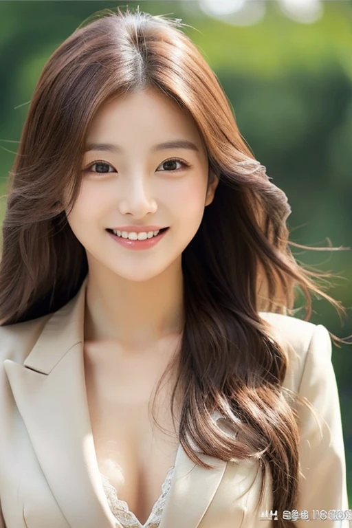 highest quality, masterpiece, beauty, realistic , きれいなwoman, slim face, charming gentle smile, , korean model, cute face, , long brown hair,double, , smile, ,tits、new society people、suit、woman