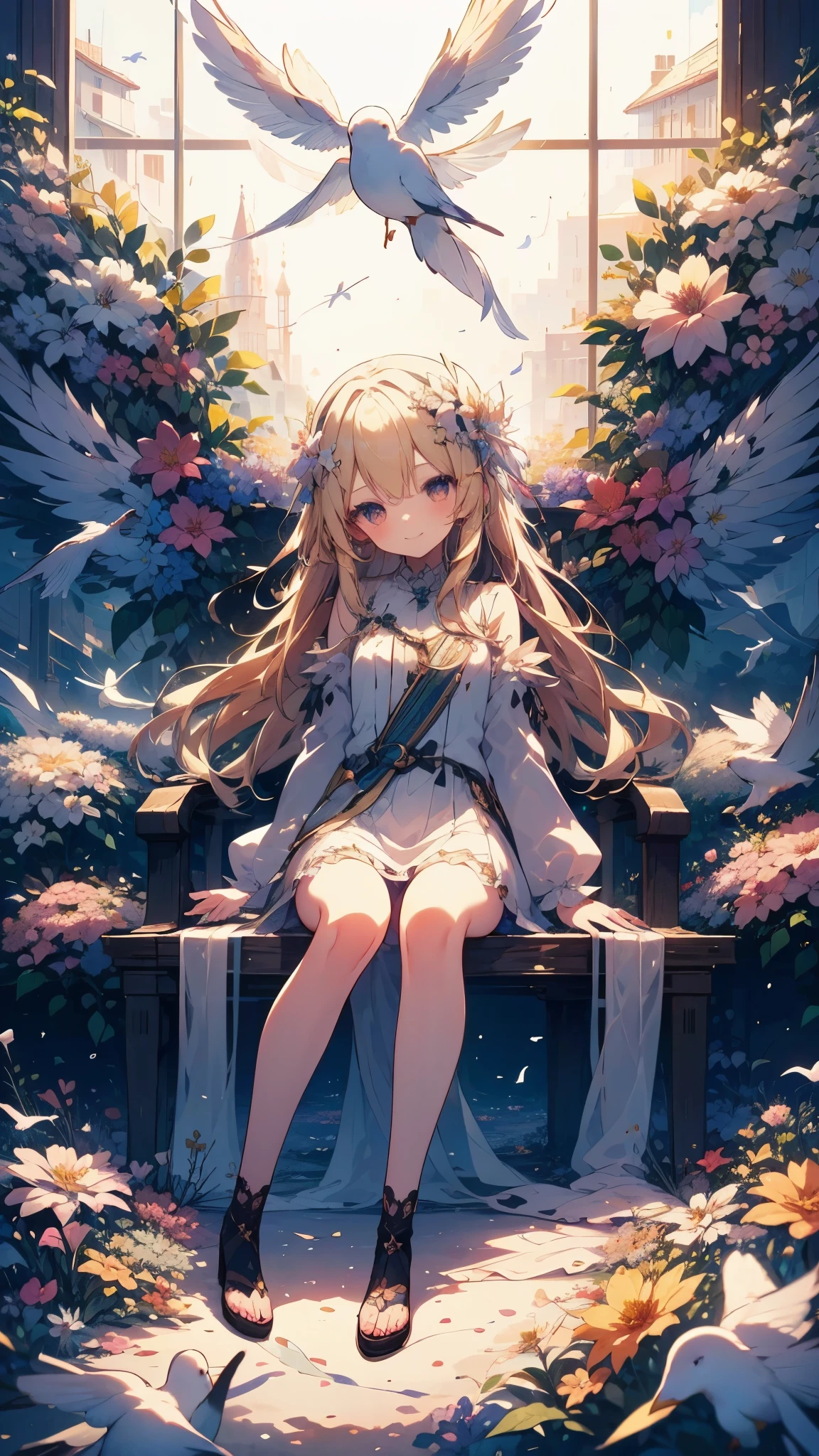 beautiful eden,cute 1girl,12yo,angel,kawaii,blond long hair,hair Accessory,smile,spread arms,flower garden,sitting gorgeous chair,((white bird)),lightning,cinematic,dynamic angle,masterpiece,best quality,high quality,detailed,high resolution,8k,wallpaper,beautiful fingers,beautiful hands,fingertip,flower wings,feater
