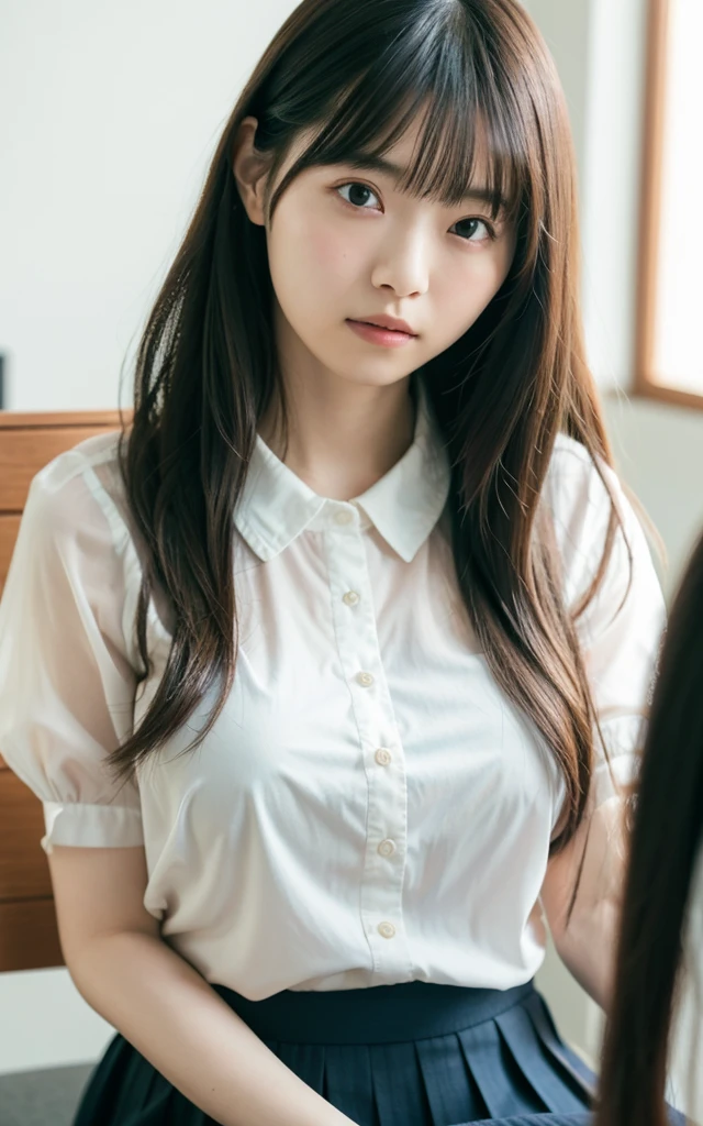 table top, highest quality, 16k, 1 girl, 16, big breasts, Raw photo, professional photography, portrait, soft light, professional lighting, alone, 笑face, close,  face, close, cute, girly, goddess, delicate girl, pure beauty, Digital single-lens reflex camera, avert your eyes, Frank, Sophisticated, film grain, (目とfaceの詳細:1.0), long hair swaying in the wind, bangs, (Loose-fitting see-through blouse)、(navy pleated skirt)、(big breasts:1.5)、cute hanging eyes、late night office、I&#39;m sitting in a chair in front of my computer