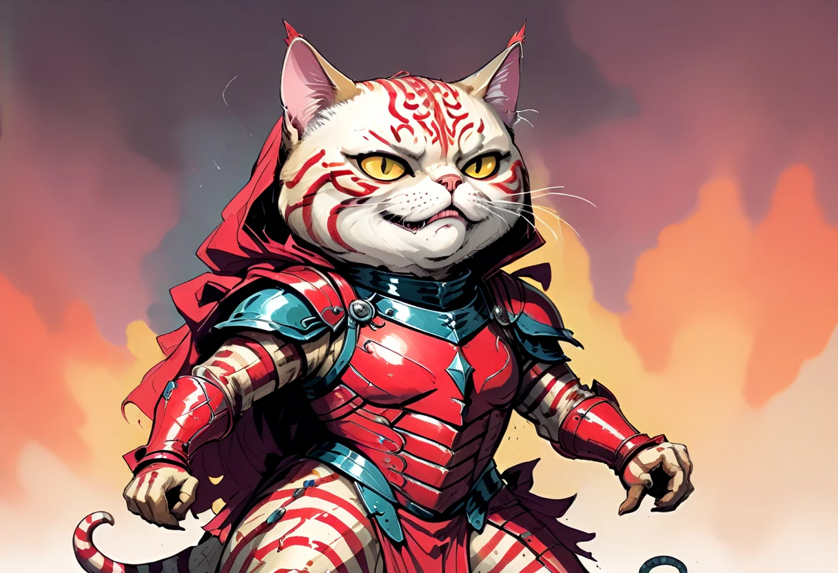 illustrate hyper maximal, intense, strange, a wordless, single image with unhinged, ridiculous, cartoonish, excessive, contorted, skewen hilarity postmeme expression, visually hilarious, cohesive, conveying overwhelming joy, overjoyed, cel animation, distorted contorted proportions of rotoscoped Tabby chonky cat wearing crimson knight armor outfit in expressive John Kricfalusi hand drawn art style, with threatening aura, disgustingly cool, vile boogie dancing, spooky, skewed,