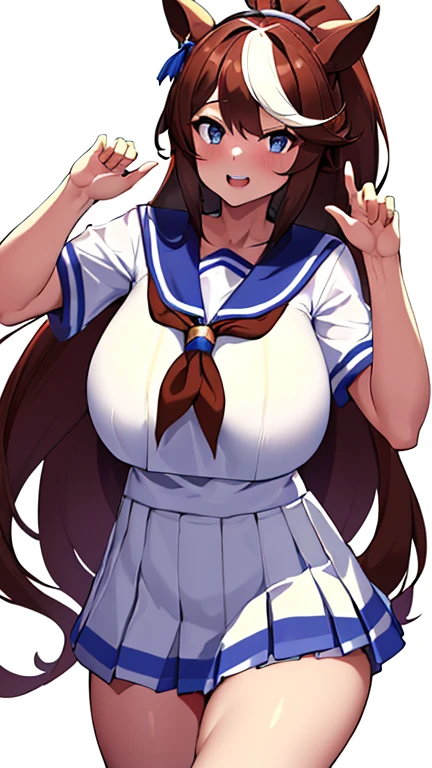 (huge huge tits), High resolution, 1 girl, marl, alone, Tokai Teio (Umamusume), Trasen , white thighs, white skirt, ponytail, sailor shirt, short sleeve, very long hair, brown haired, horseshoe decoration, sailor collar, purple shirt, hair intake, mini skirt, land, teeth, blue eyes, bangs, embarrassing, low length, transistor glamor, 