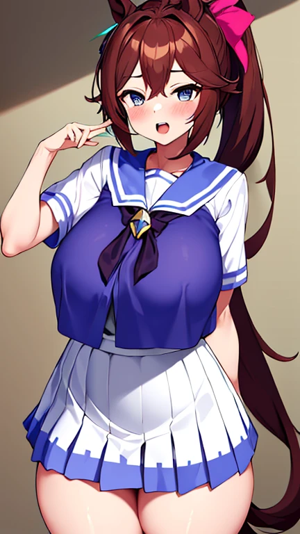 (huge huge tits), High resolution, 1 girl, marl, alone, Tokai Teio (Umamusume), Trasen , white thighs, white skirt, ponytail, sailor shirt, short sleeve, very long hair, brown haired, horseshoe decoration, sailor collar, purple shirt, hair intake, mini skirt, land, teeth, blue eyes, bangs, embarrassing, low length, transistor glamor, 