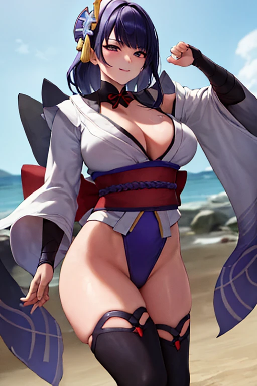 masterpiece, best quality, beautiful art, high resolution, well formed hands, body and fingers, 1 woman, solo, Raiden Shogun, adult, grown up ,big breasted, cleavage, full body, black stockings, sleeveless, leotard peeking, pelvic curtain, sexy Japanese clothes, maid, hair ornament, gorgeous legs and thighs, she is fighting in a combat match at a martial arts tournament, she is getting ready to fight, making her guard pose, action and fighting scene, about to hit the viewer, looking at the viewer, sweating , feeling confident and proud, smiling joyfully and happily, charming her opponent with her beauty, bouncing breasts, fighting scene, martial arts tournament on the beach