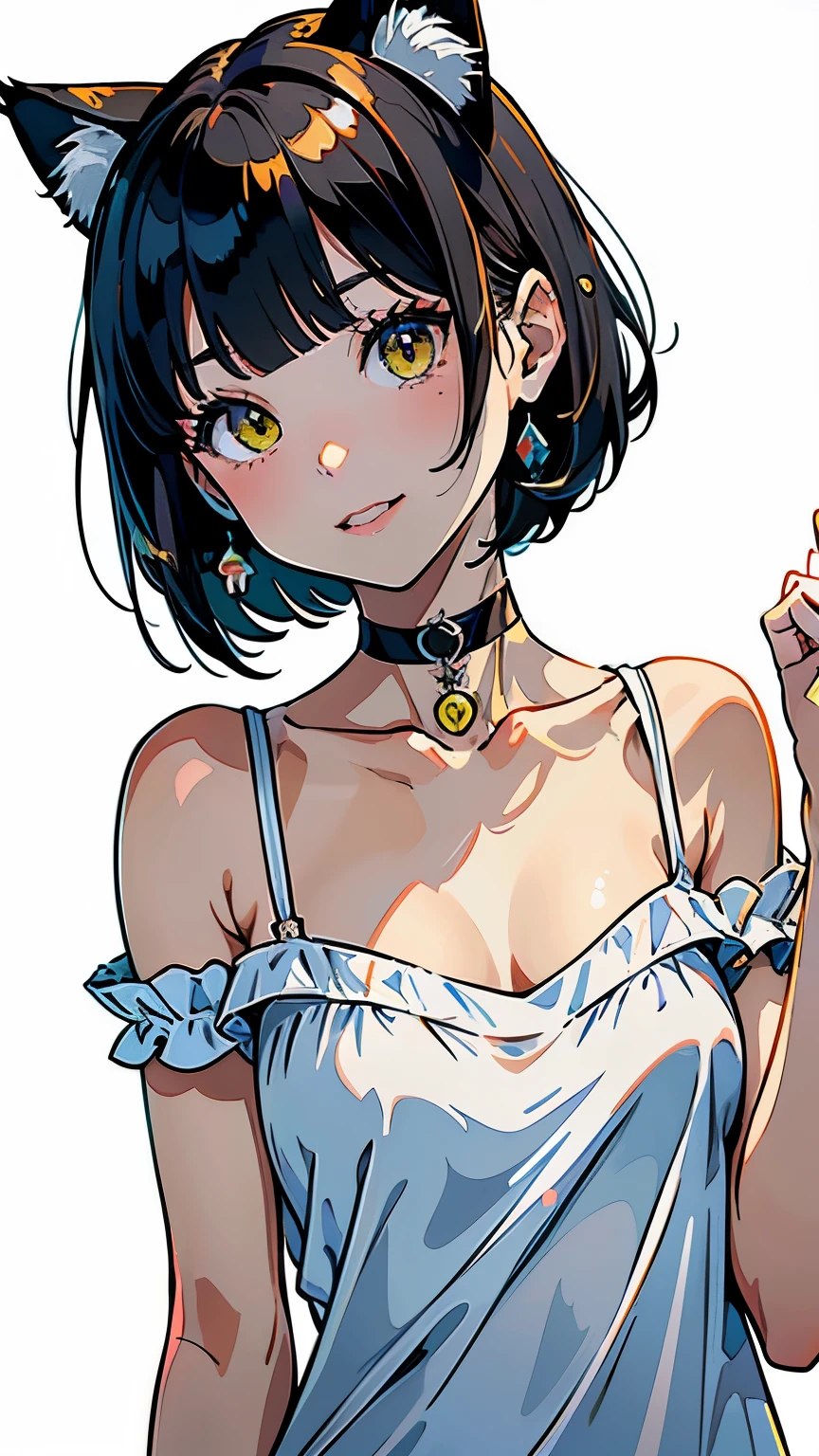 (highest quality, masterpiece, High resolution)、(anime art)、cinematic light、soft light、girl、black hair、stripes々Cat Costume、off shoulder、Cat ear、bob cut、hair ornaments、choker、enchanting smile、Medium chest、Meow Meow Pose、Cat jarashi、((white background))、