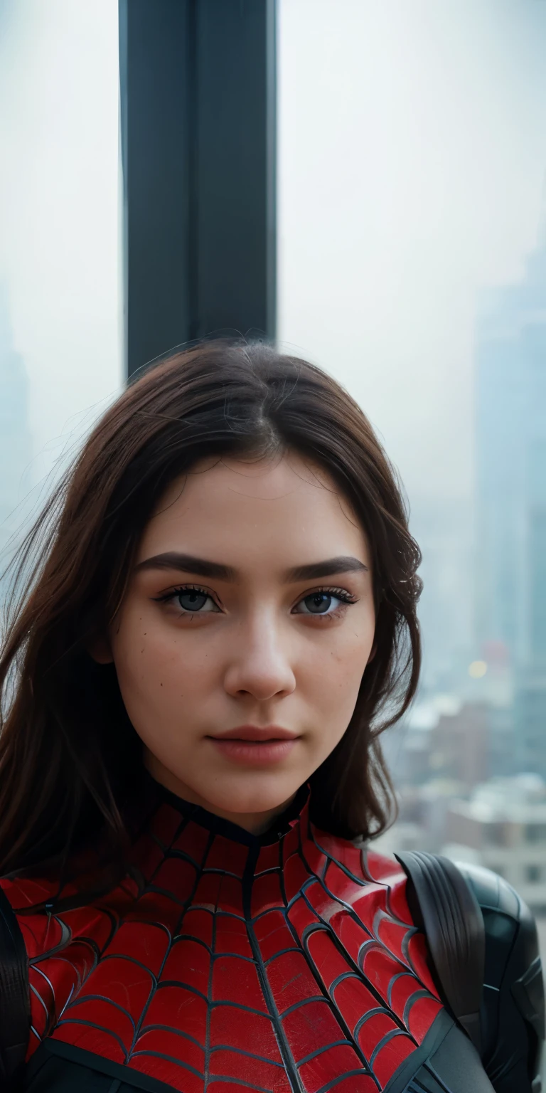 (1girl:1.3), Solo, nsfw, (((Very detailed face)))), ((Very detailed eyes and face)))), Beautiful detail eyes, Body parts__, Official art, Unified 8k wallpaper, Super detailed, beautiful and beautiful, beautiful, masterpiece, best quality, original, masterpiece, super fine photo, best quality, super high resolution, realistic realism, sunlight, full body portrait, amazing beauty, dynamic pose, delicate face, vibrant eyes, (from the front), She wears Spider-Man suit, red and black color scheme, spider, very detailed city roof background, rooftop, overlooking the city, detailed face, detailed complex busy background, messy, gorgeous, milky white, highly detailed skin, realistic skin details, visible pores, clear focus, volumetric fog, 8k uhd, DSLR, high quality, film grain, fair skin, photo realism, lomography, futuristic dystopian megalopolis, translucent